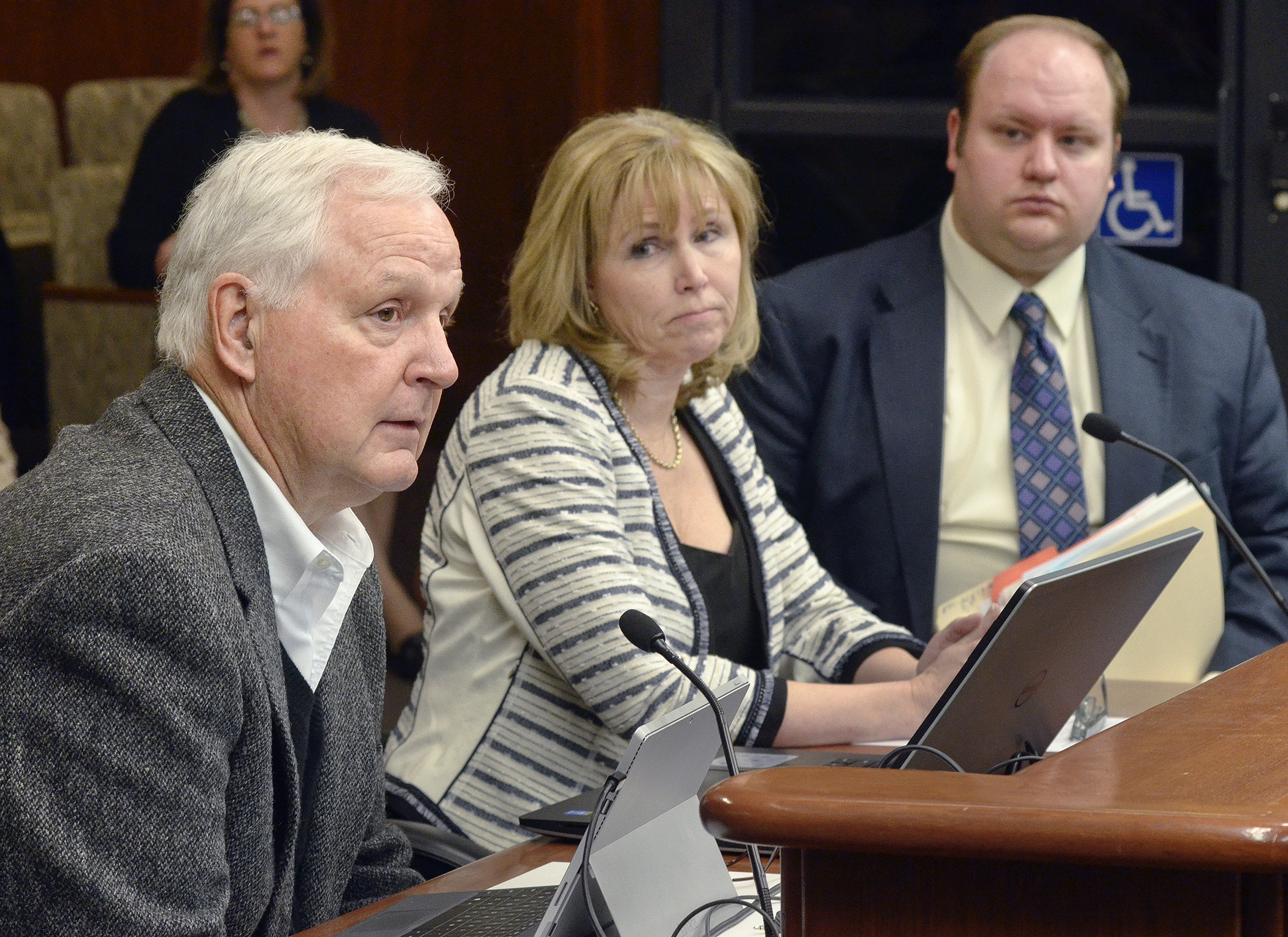 Dr. Kent Kephart, president of the Twin Cities Medical Society, from left, and Dr. Lisa Mattson, the society’s past president, testify for a bill sponsored by Rep. Joe Schomacker to establish an advanced care planning grant program. Photo by Andrew VonBank